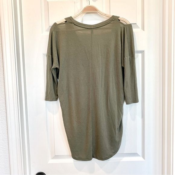 Olive Green Cutout Shoulder V-Neck London Tee Quarter Sleeve Tunic Top - Picture 5 of 6